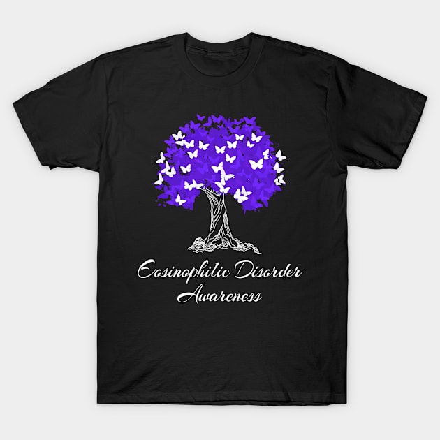 Eosinophilic Disorder Awareness Purple Ribbon Tree With Butterflies T-Shirt by MerchAndrey